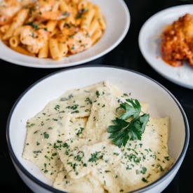 Creamy fettucine boscaiola pasta at The Grumpy Italian
